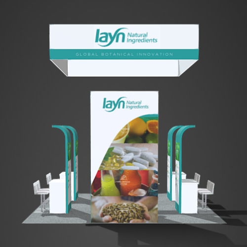 A nutrition booth with four separate kiosks around a central display, underneath a floating square banner
