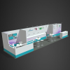 10x40 Las Vegas booth rental with a booth, tables, countertops, and purple art on the walls