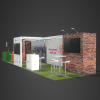 10x40 booth rental with faux brick wall, tv display, tables, and desk