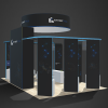 Futuristic, tall booth with star-speckled pillars and a floating, circular banner up above