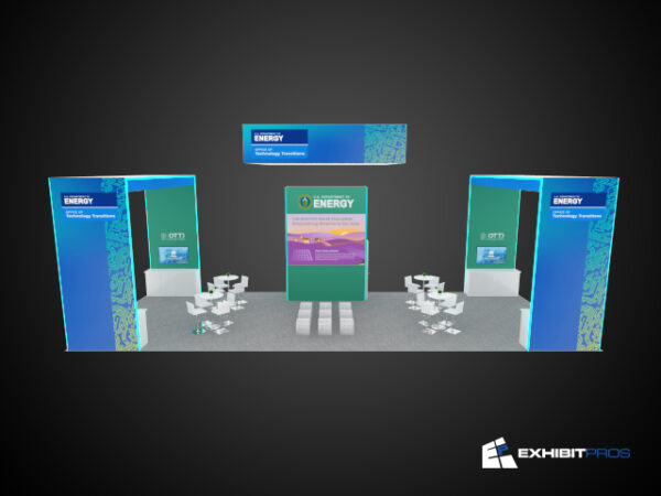 Exhibit-Pros 20x50 trade show booth rental Featuring 16 ft high arches video wall and workstations Department of Energy