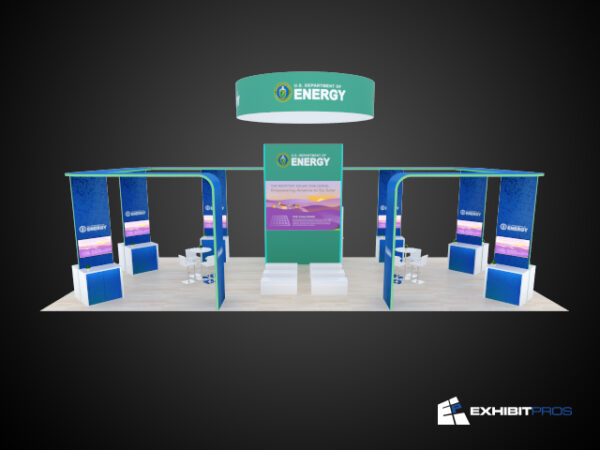 Exhibit-Pros 20x50 trade show exhibit rental with video wall kiosks and hanging sign Department of Energy