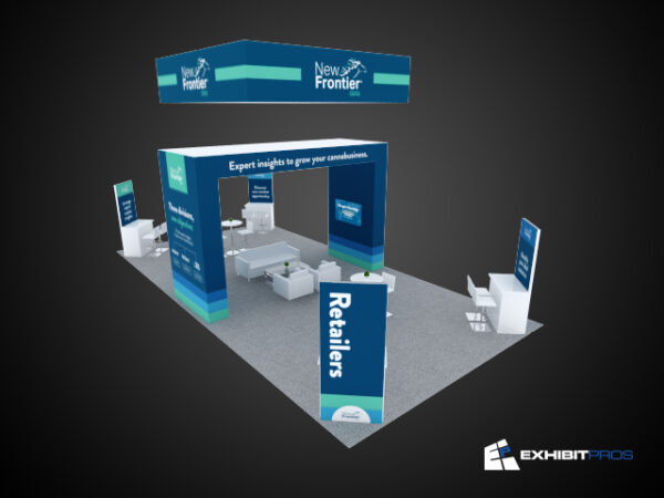Exhibit-Pros 20x40 trade show booth rental las vegas has 12 ft arch with recessed lights hanging sign and lounge area