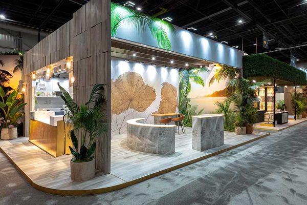 A modern trade show booth with tropical design elements featuring palm trees